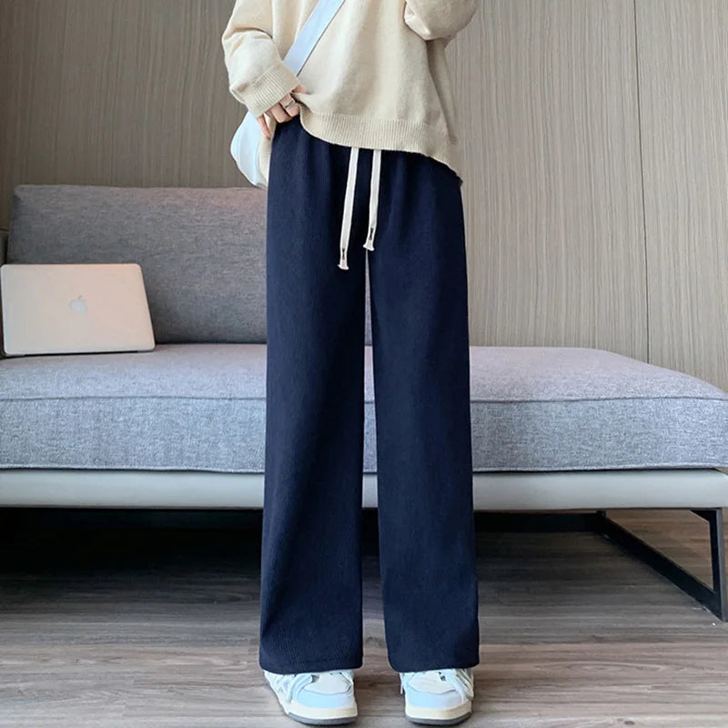Women Wide Leg Corduroy Pants Autumn Winter Women Basic Elastic Waist Stright Long Pants Casual Female Long Pants Trousers