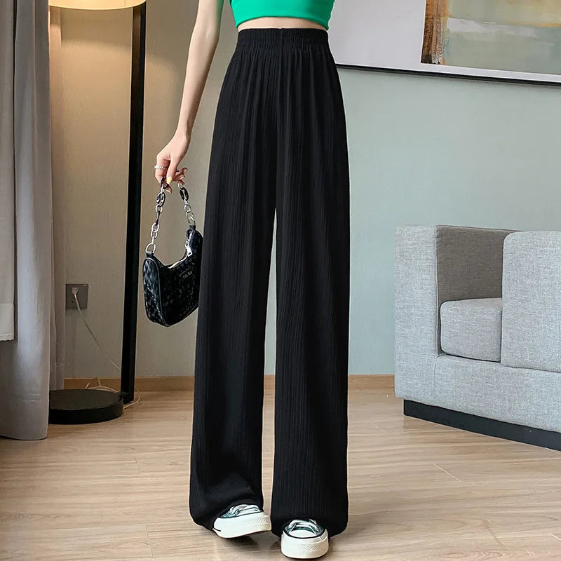Korea Dongdaemun Ice Silk Wide-leg Pants Women's Thin Slimming Floor Pants White Striped Pants Y2K Fashion Pants Baggy