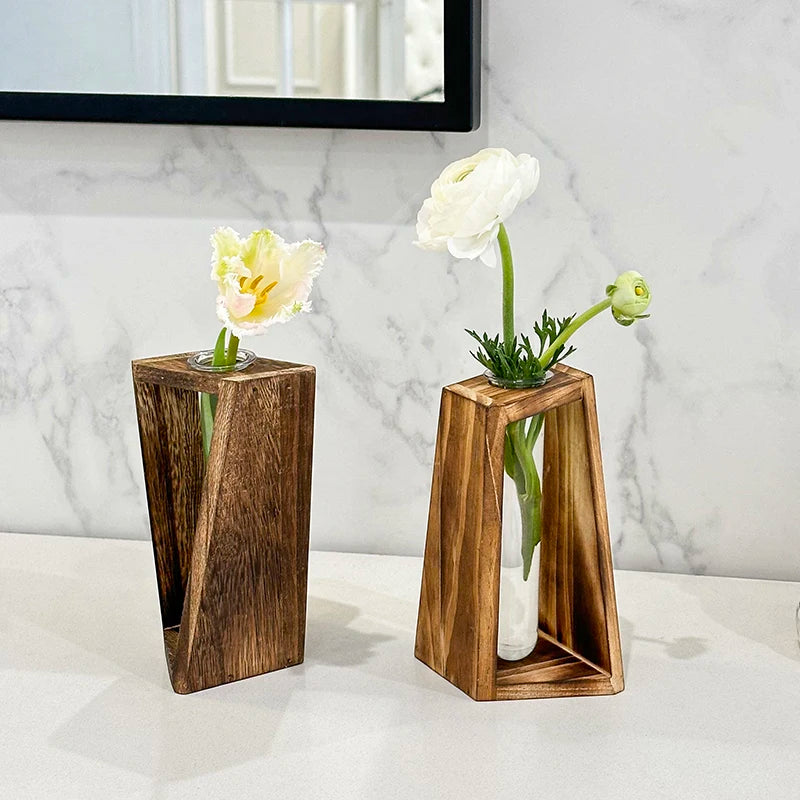 retro hydroponic plants Creative Wooden Hydroponic Vase Plant Vase Retro Vase Transparent Vase