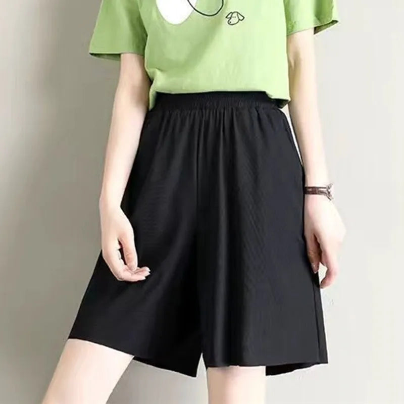 Ice Silk Wide Leg Pants Women's Summer Thin Hanging Sense Small Casual Summer Cool Straight Tube Pants High Waist Nine Points