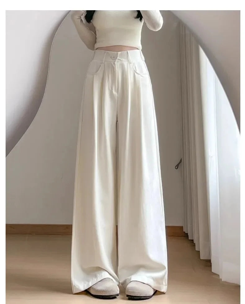 Ice Silk Drapey Wide Leg Pants Women's Summer Thin New Style Beige Color Nine Points Long Trousers Comfortable Fit Female Pants
