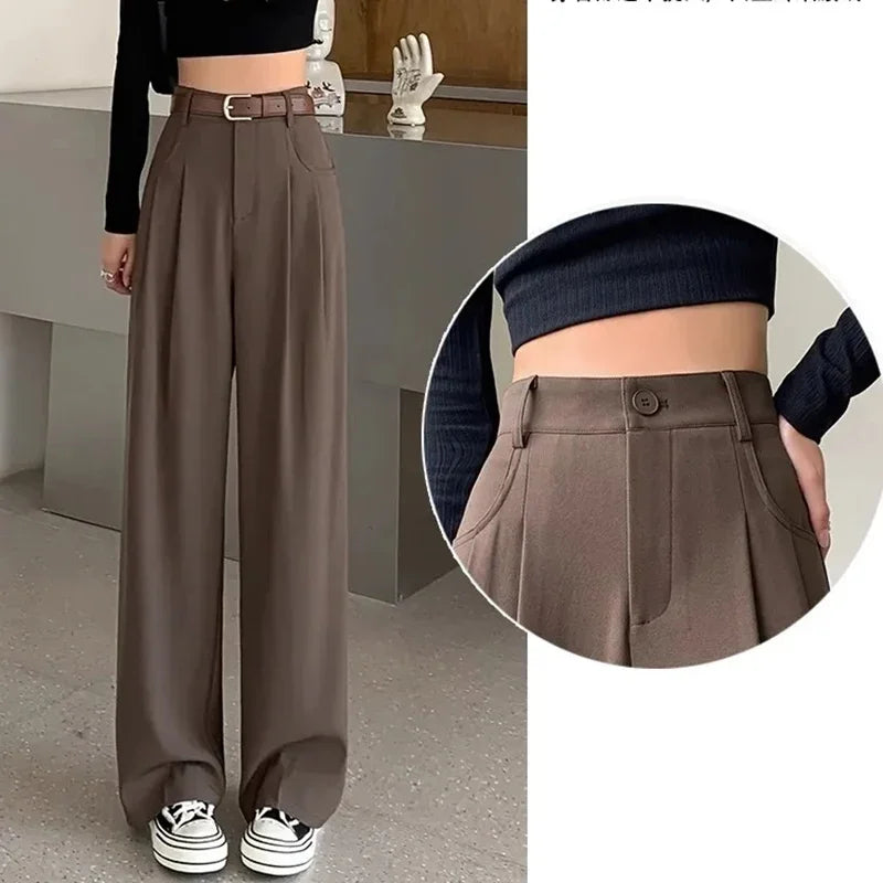 Women Fashion Suit Pants Lady Breathable Baggy High Waist Wide Leg Summer Trousers Lady Straight Leg Black Coffee Classic Pants