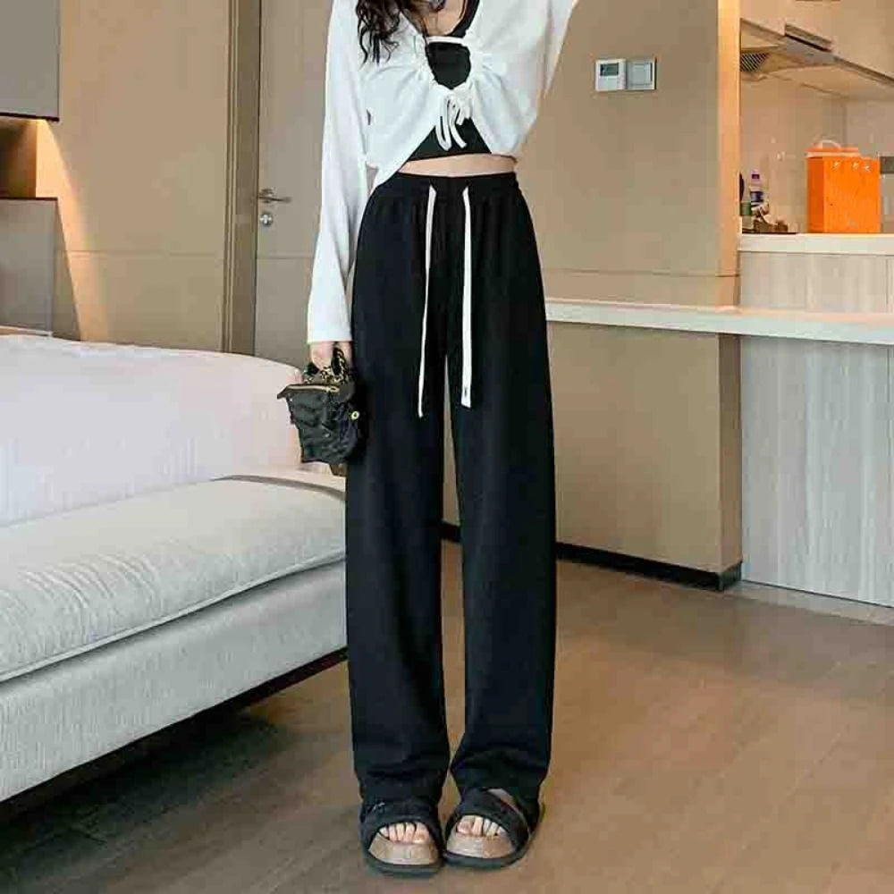 Sweet High Waist Drawstring Straight Pants Yamamoto Retro Loose Trousers Solid Simple Wide Leg Pants Summer