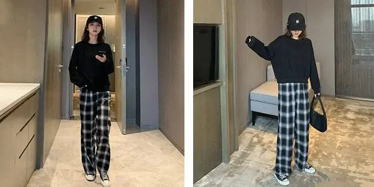 High Waist Plaid Wide Leg Pants Women Loose Straight Casual Slimming Spring Autumn New Style Chinese Brand AE Stock