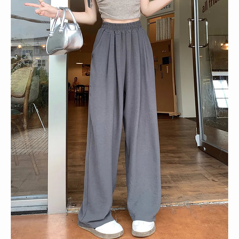 Summer Women Sweet Colorful Ice Silk Pants Lady Baggy Versatile Elastic Straight Leg Trousers Female Wide Leg High Waisted Pants
