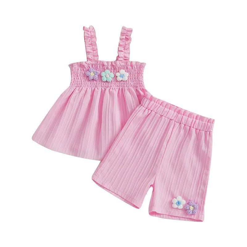0-4years Baby Girl Summer Outfit 3D Flower Design Ruffled Trim Smocked Sleeveless Tops and Shorts 2 Pcs Set for Toddler girls - Mom & Kids