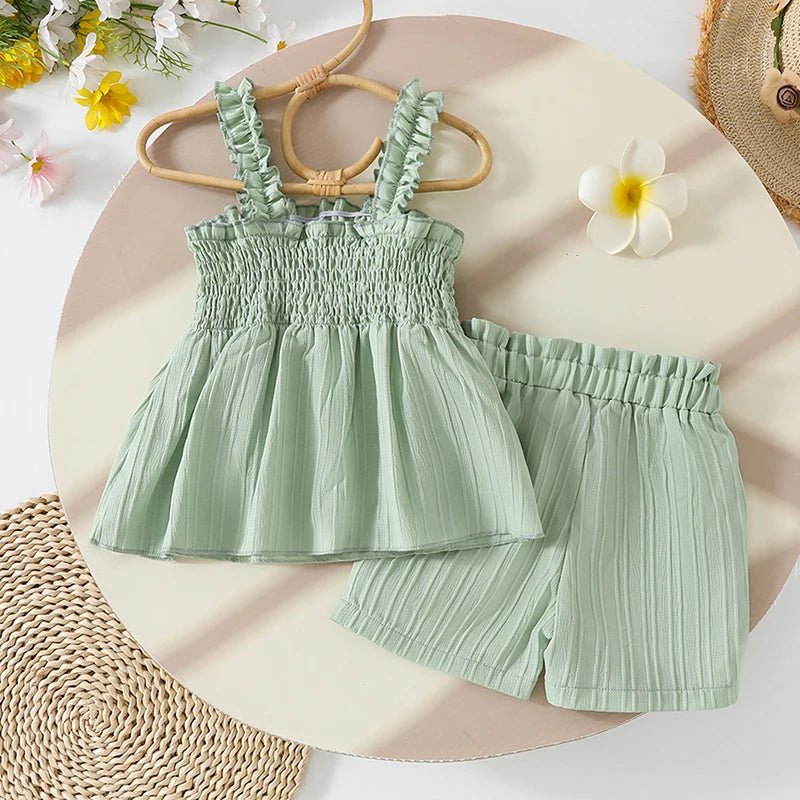 0-4years Baby Girl Summer Outfit 3D Flower Design Ruffled Trim Smocked Sleeveless Tops and Shorts 2 Pcs Set for Toddler girls - Mom & Kids