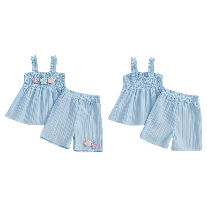 0-4years Baby Girl Summer Outfit 3D Flower Design Ruffled Trim Smocked Sleeveless Tops and Shorts 2 Pcs Set for Toddler girls - Mom & Kids