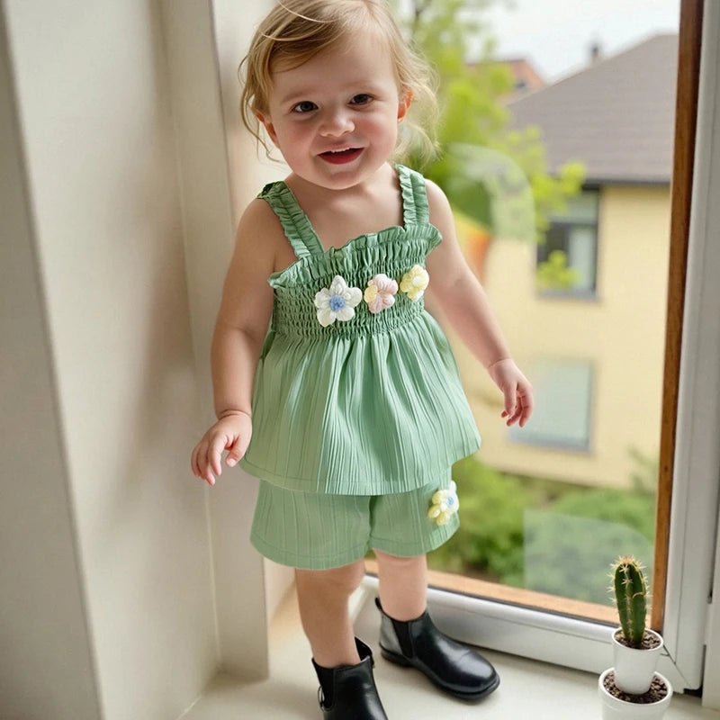 0-4years Baby Girl Summer Outfit 3D Flower Design Ruffled Trim Smocked Sleeveless Tops and Shorts 2 Pcs Set for Toddler girls - Mom & Kids