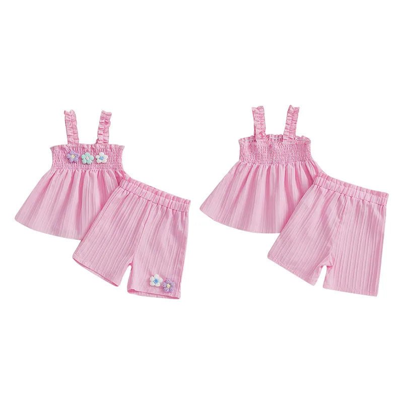 0-4years Baby Girl Summer Outfit 3D Flower Design Ruffled Trim Smocked Sleeveless Tops and Shorts 2 Pcs Set for Toddler girls - Mom & Kids
