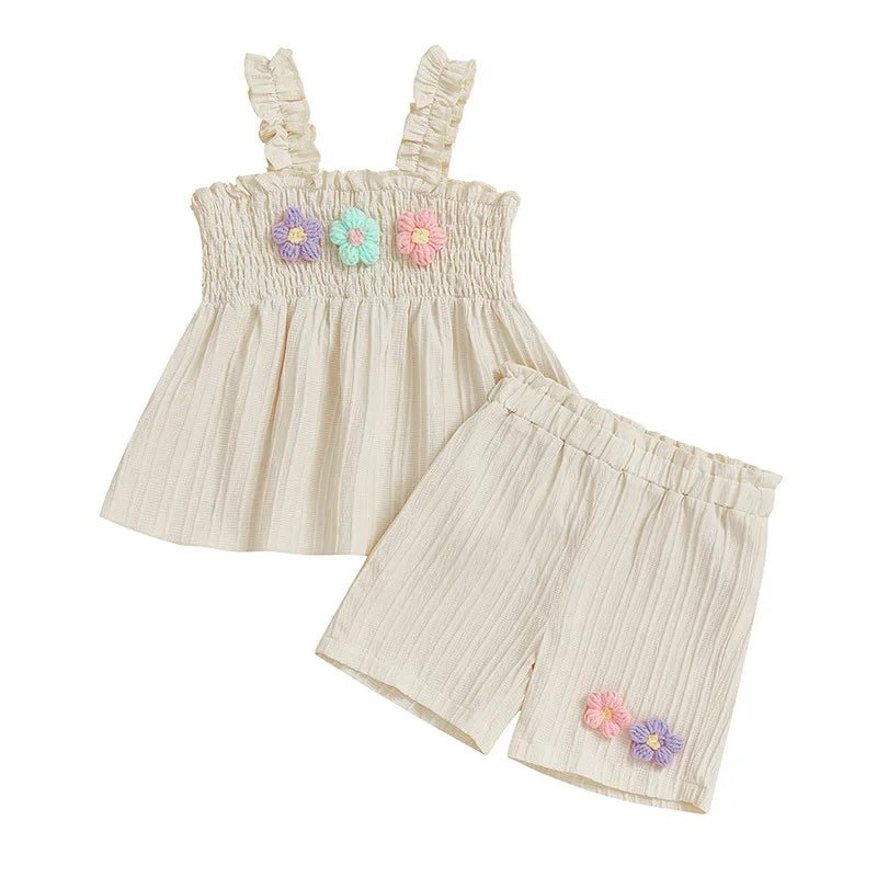 0-4years Baby Girl Summer Outfit 3D Flower Design Ruffled Trim Smocked Sleeveless Tops and Shorts 2 Pcs Set for Toddler girls - Mom & Kids