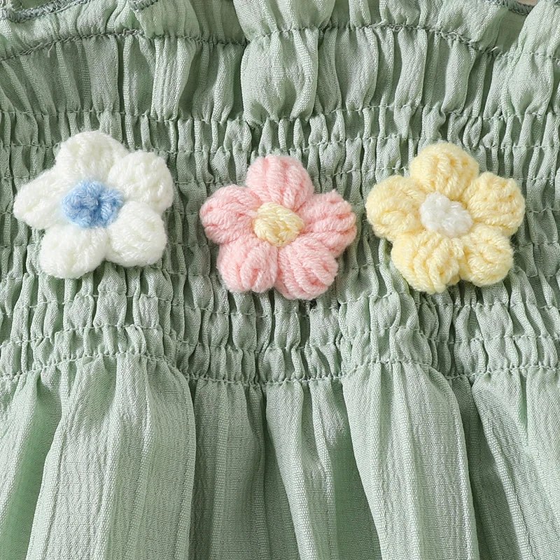 0-4years Baby Girl Summer Outfit 3D Flower Design Ruffled Trim Smocked Sleeveless Tops and Shorts 2 Pcs Set for Toddler girls - Mom & Kids