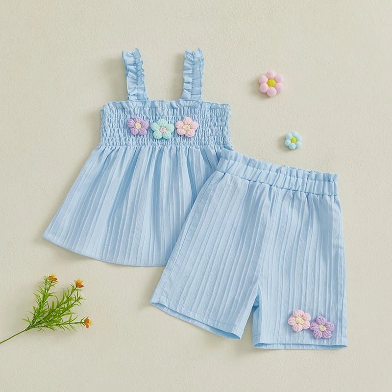 0-4years Baby Girl Summer Outfit 3D Flower Design Ruffled Trim Smocked Sleeveless Tops and Shorts 2 Pcs Set for Toddler girls - Mom & Kids