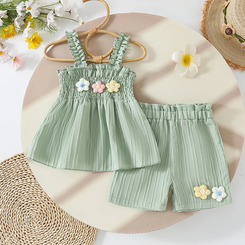 0-4years Baby Girl Summer Outfit 3D Flower Design Ruffled Trim Smocked Sleeveless Tops and Shorts 2 Pcs Set for Toddler girls - Mom & Kids