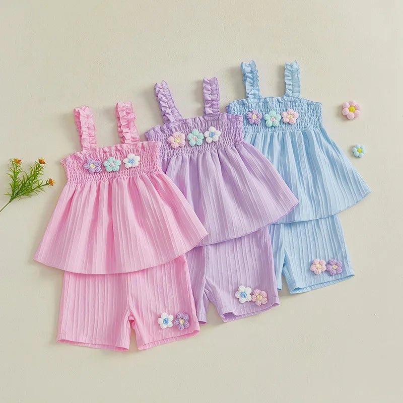 0-4years Baby Girl Summer Outfit 3D Flower Design Ruffled Trim Smocked Sleeveless Tops and Shorts 2 Pcs Set for Toddler girls - Mom & Kids