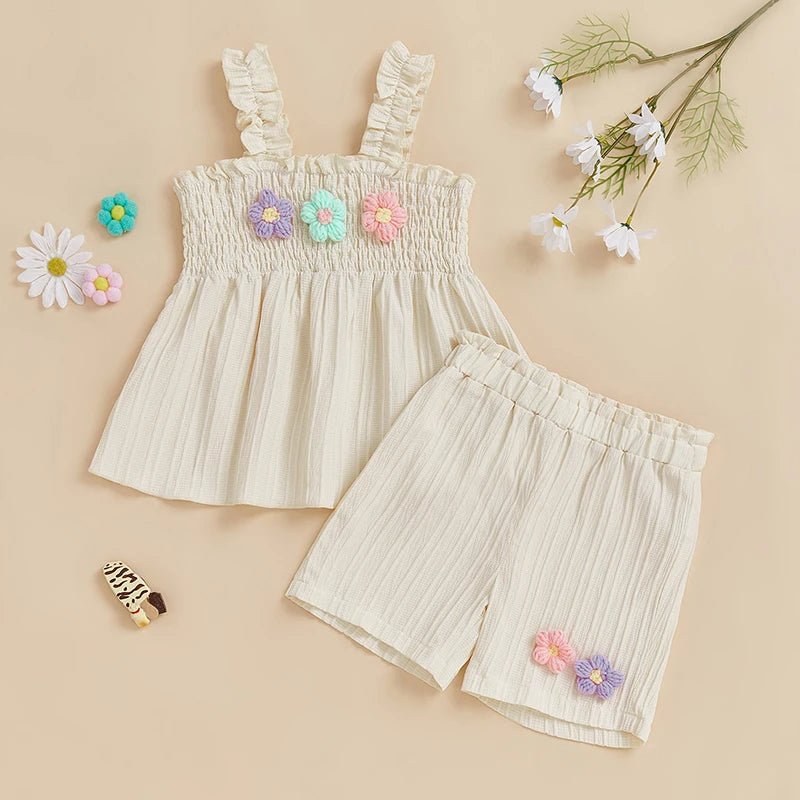 0-4years Baby Girl Summer Outfit 3D Flower Design Ruffled Trim Smocked Sleeveless Tops and Shorts 2 Pcs Set for Toddler girls - Mom & Kids