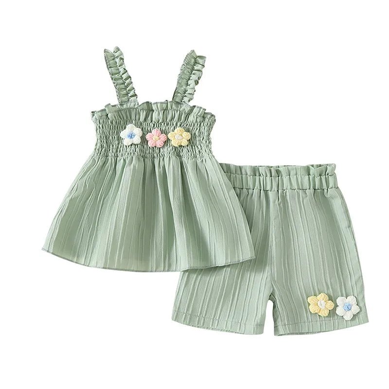 0-4years Baby Girl Summer Outfit 3D Flower Design Ruffled Trim Smocked Sleeveless Tops and Shorts 2 Pcs Set for Toddler girls - Mom & Kids