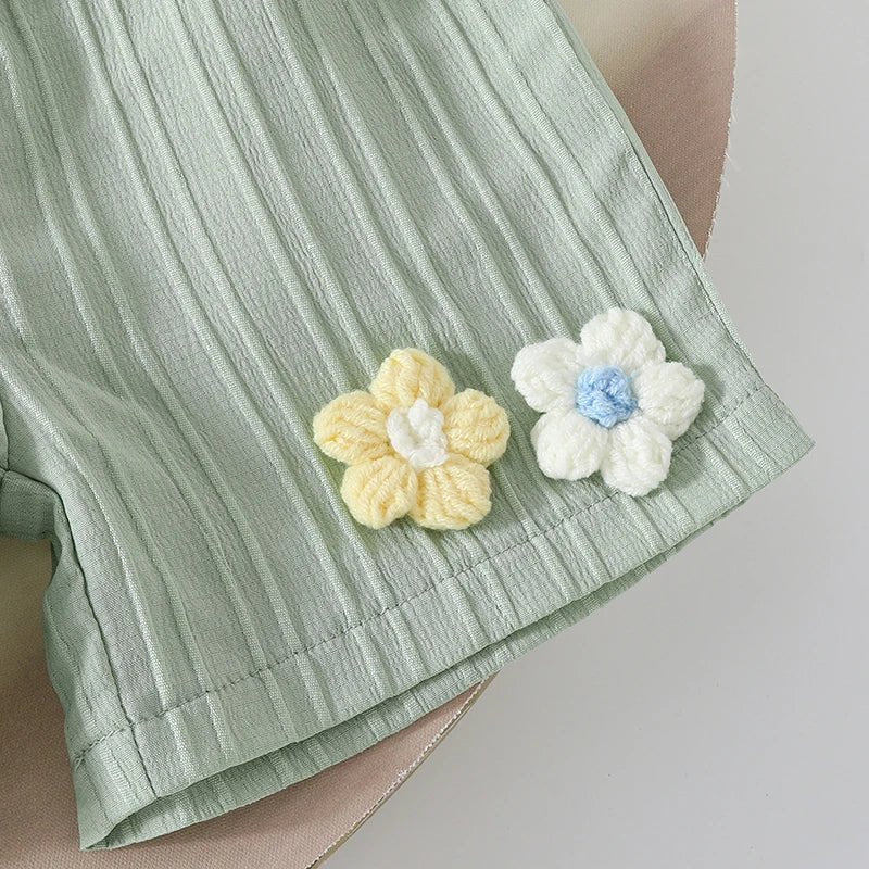 0-4years Baby Girl Summer Outfit 3D Flower Design Ruffled Trim Smocked Sleeveless Tops and Shorts 2 Pcs Set for Toddler girls - Mom & Kids