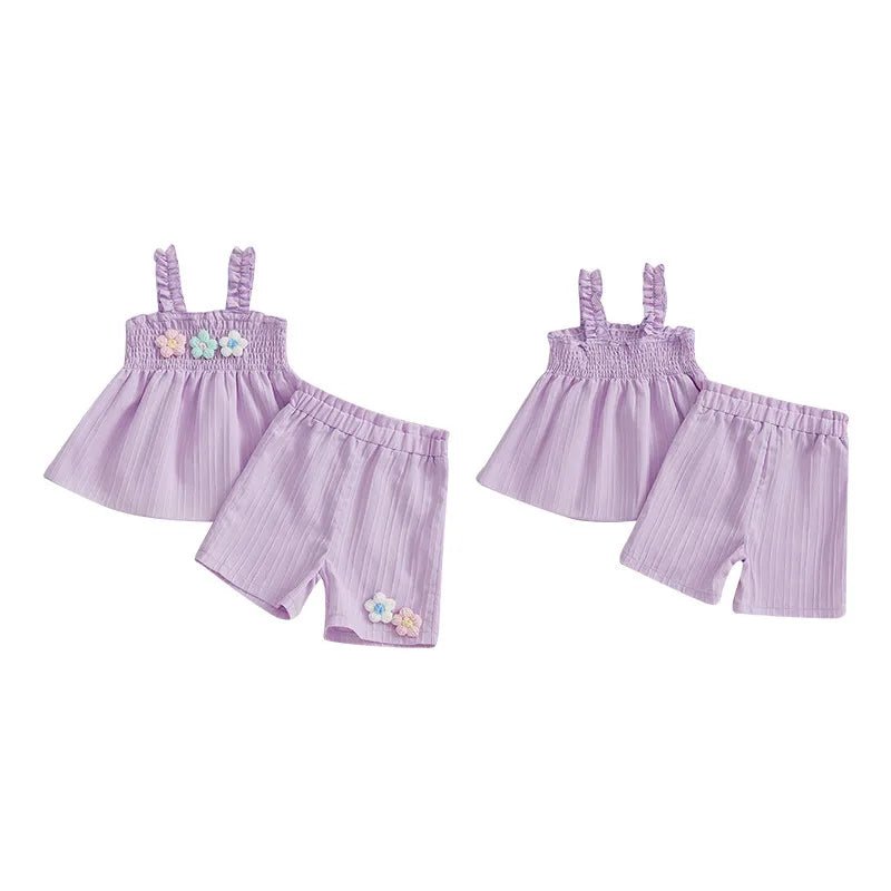 0-4years Baby Girl Summer Outfit 3D Flower Design Ruffled Trim Smocked Sleeveless Tops and Shorts 2 Pcs Set for Toddler girls - Mom & Kids