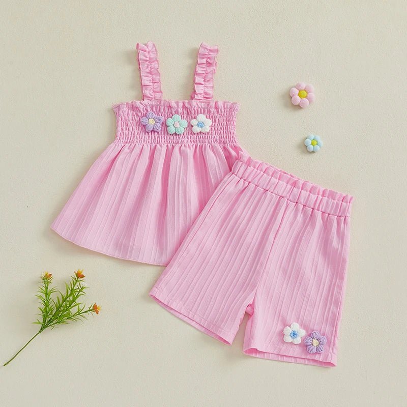 0-4years Baby Girl Summer Outfit 3D Flower Design Ruffled Trim Smocked Sleeveless Tops and Shorts 2 Pcs Set for Toddler girls - Mom & Kids