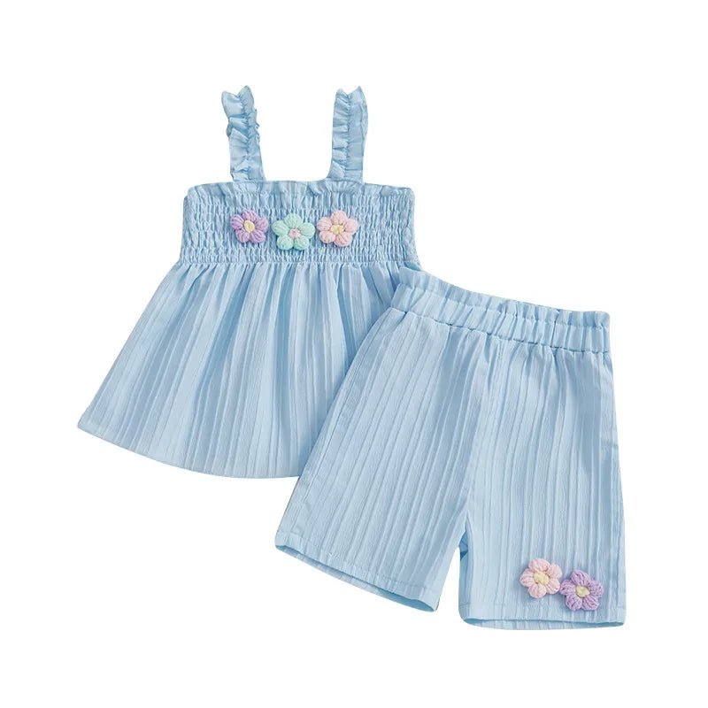 0-4years Baby Girl Summer Outfit 3D Flower Design Ruffled Trim Smocked Sleeveless Tops and Shorts 2 Pcs Set for Toddler girls - Mom & Kids