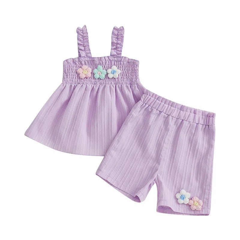0-4years Baby Girl Summer Outfit 3D Flower Design Ruffled Trim Smocked Sleeveless Tops and Shorts 2 Pcs Set for Toddler girls - Mom & Kids