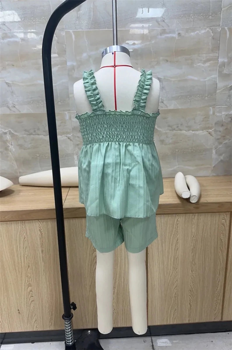 0-4years Baby Girl Summer Outfit 3D Flower Design Ruffled Trim Smocked Sleeveless Tops and Shorts 2 Pcs Set for Toddler girls - Mom & Kids