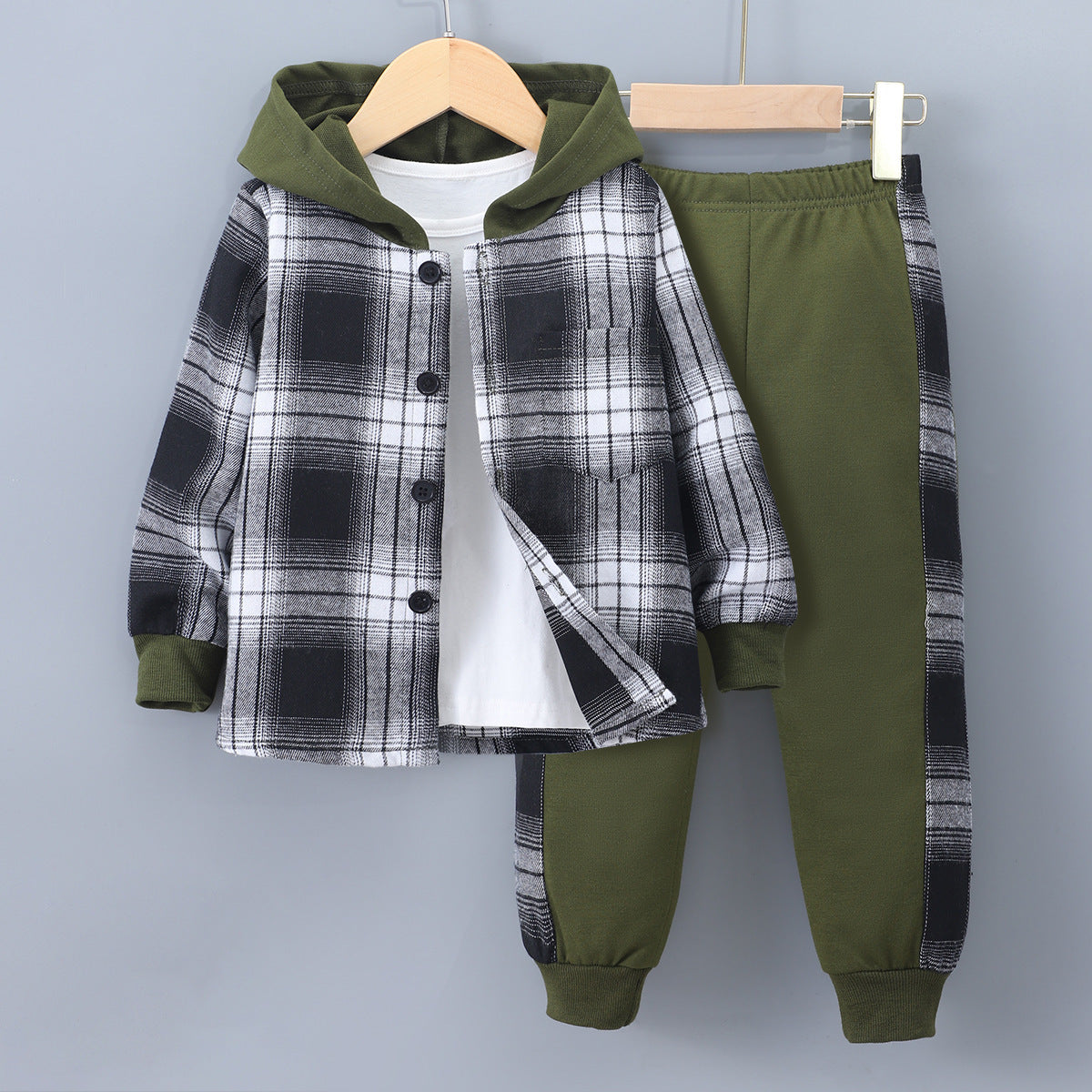 Long Sleeve Plaid Contrast Color Hoodie Two-piece Set (Available)