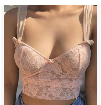 Lace-paneled Lace Mesh V-neck Open-back Camisole Women's Top