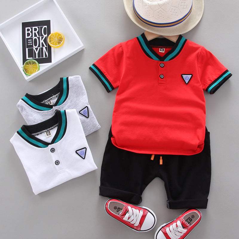 Summer Children's Boys' Handsome Casual Stand Collar Two-button Triangle Mark Short-sleeved Shorts Two-piece Set