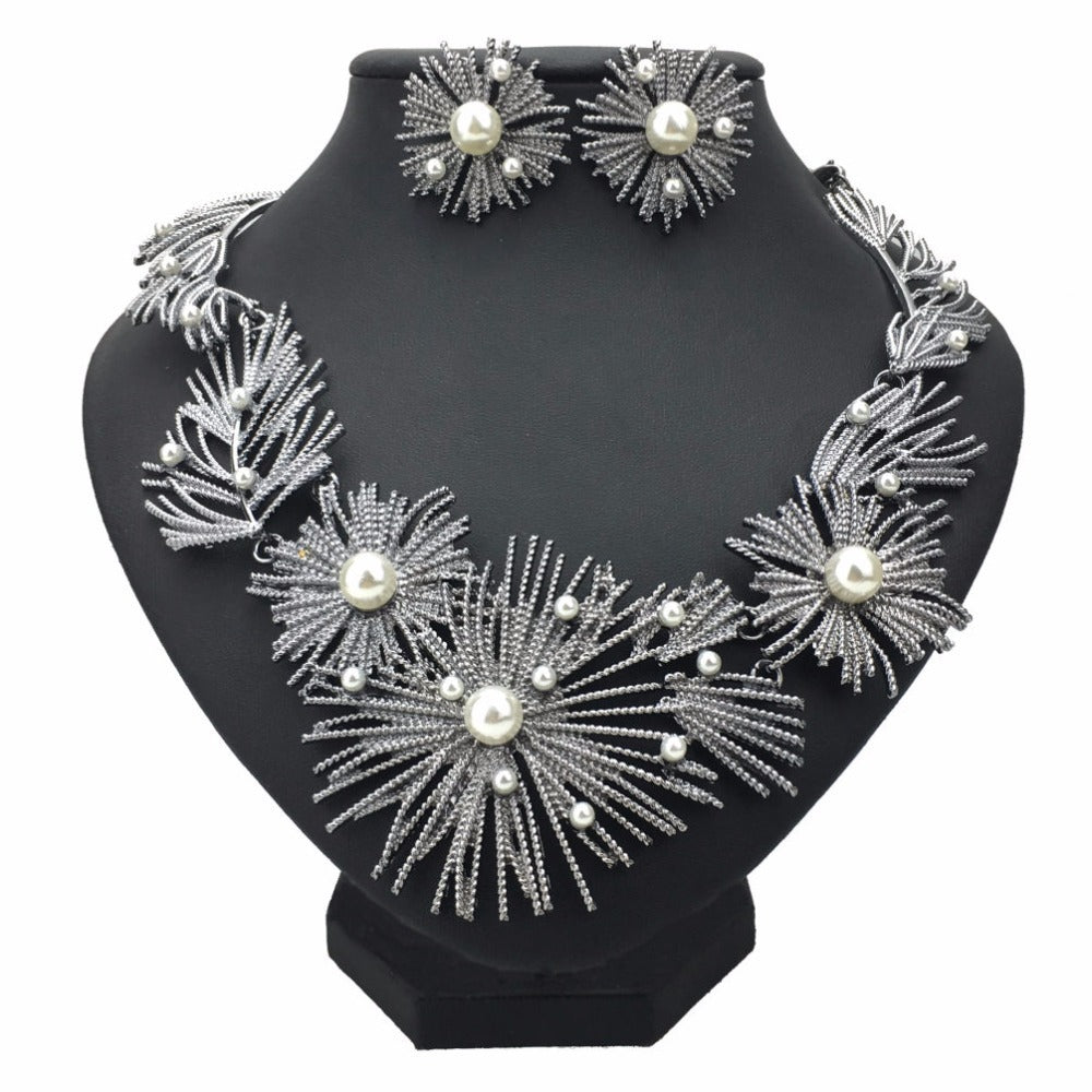 Faux Pearl Wedding Necklace Earrings Set Alloy