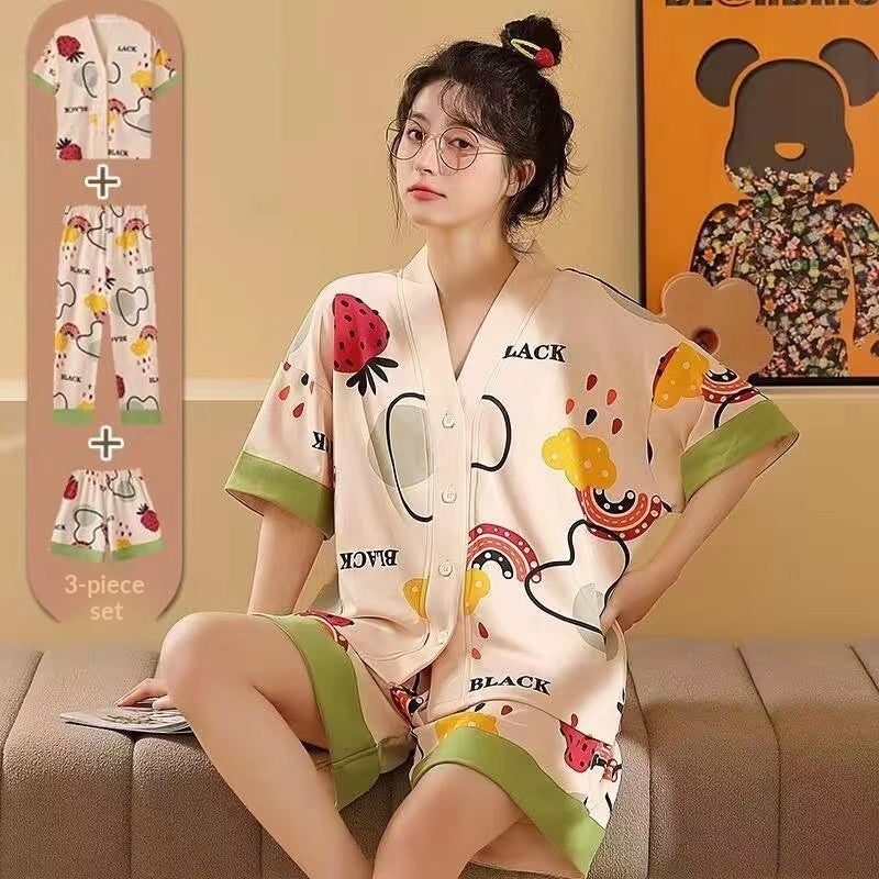Women's Pajamas Pure Cotton Short-sleeved And Trousers Cardigan Homewear