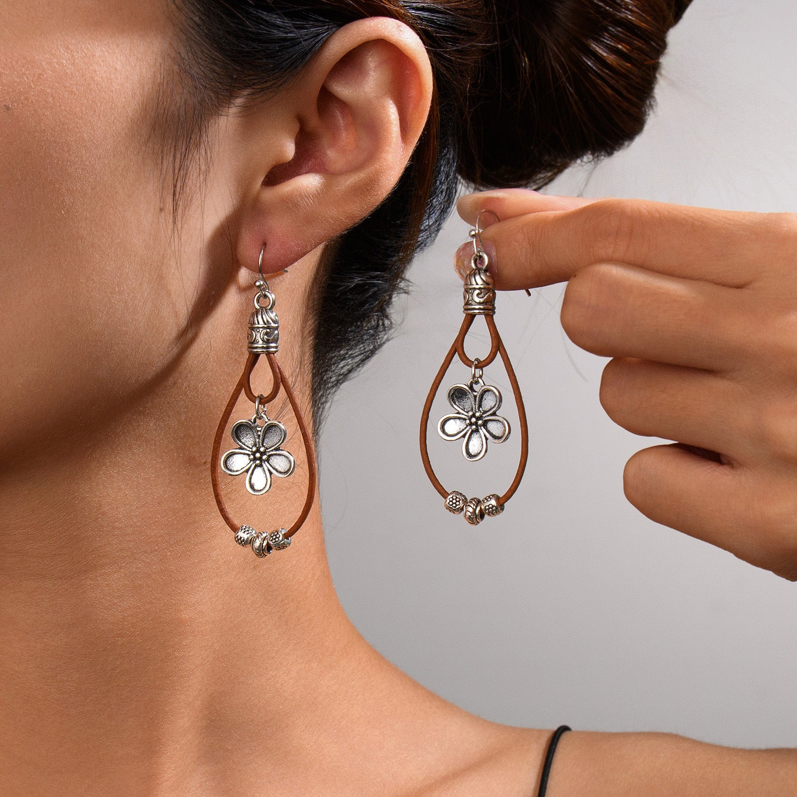 Vintage Earrings Ethnic Style Antique Silver Flower Turquoise Rope Pendant Women's Jewelry