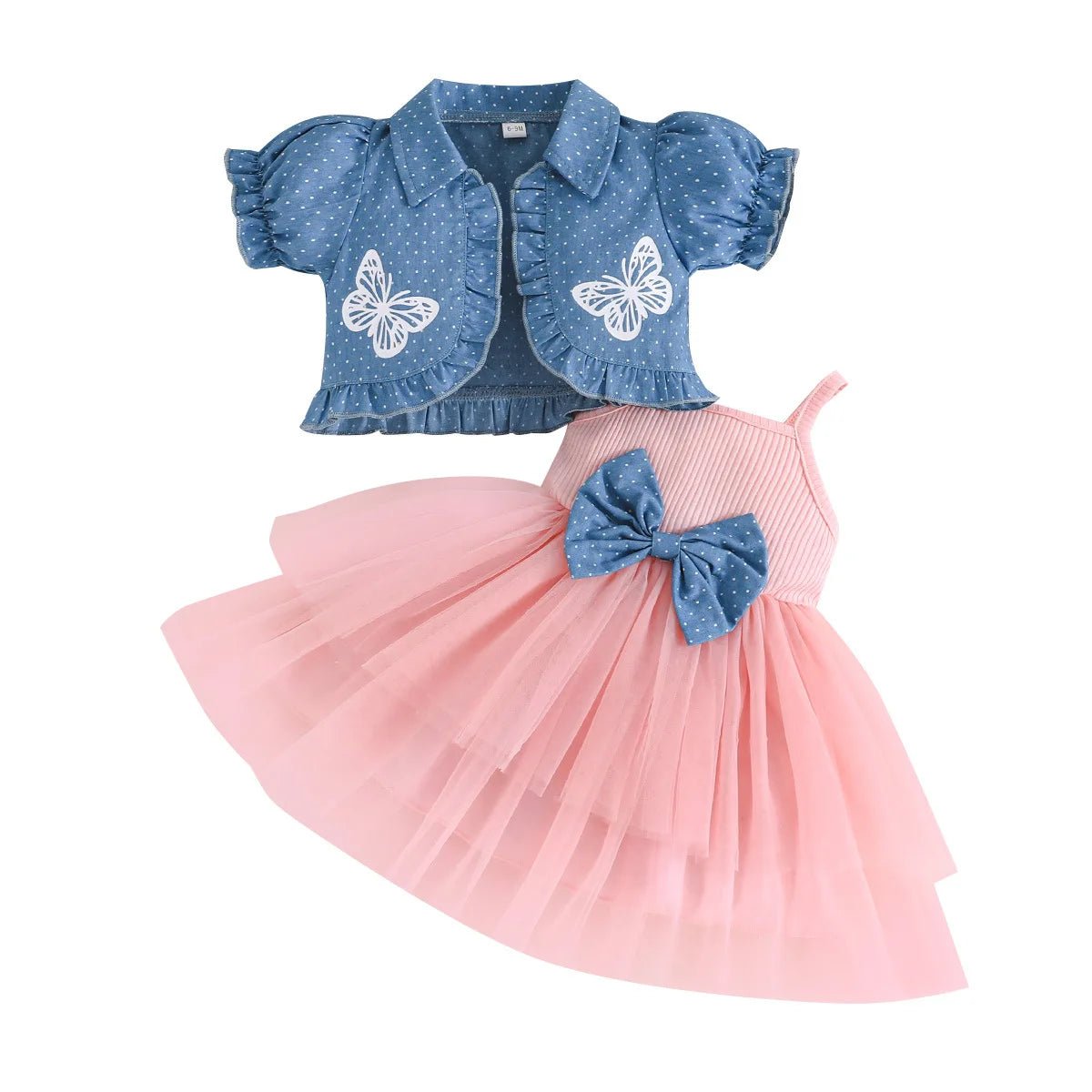 1-4Y Fashion Children Kids Girl 2Pcs Spring Outfit Butterfly Print Short Sleeve Tops+Suspender dress Set Outfit Kid Girl Clothes - Mom & Kids