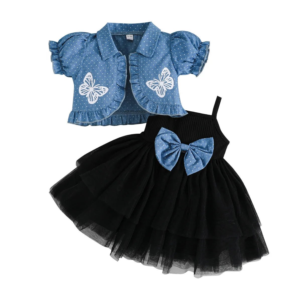 1-4Y Fashion Children Kids Girl 2Pcs Spring Outfit Butterfly Print Short Sleeve Tops+Suspender dress Set Outfit Kid Girl Clothes - Mom & Kids