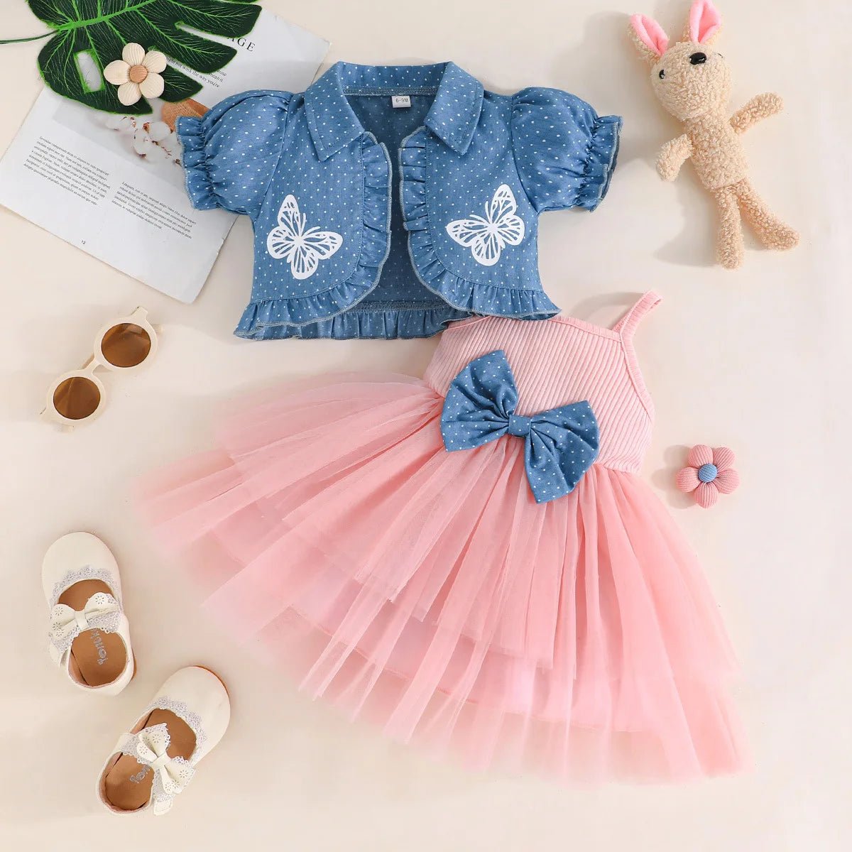 1-4Y Fashion Children Kids Girl 2Pcs Spring Outfit Butterfly Print Short Sleeve Tops+Suspender dress Set Outfit Kid Girl Clothes - Mom & Kids