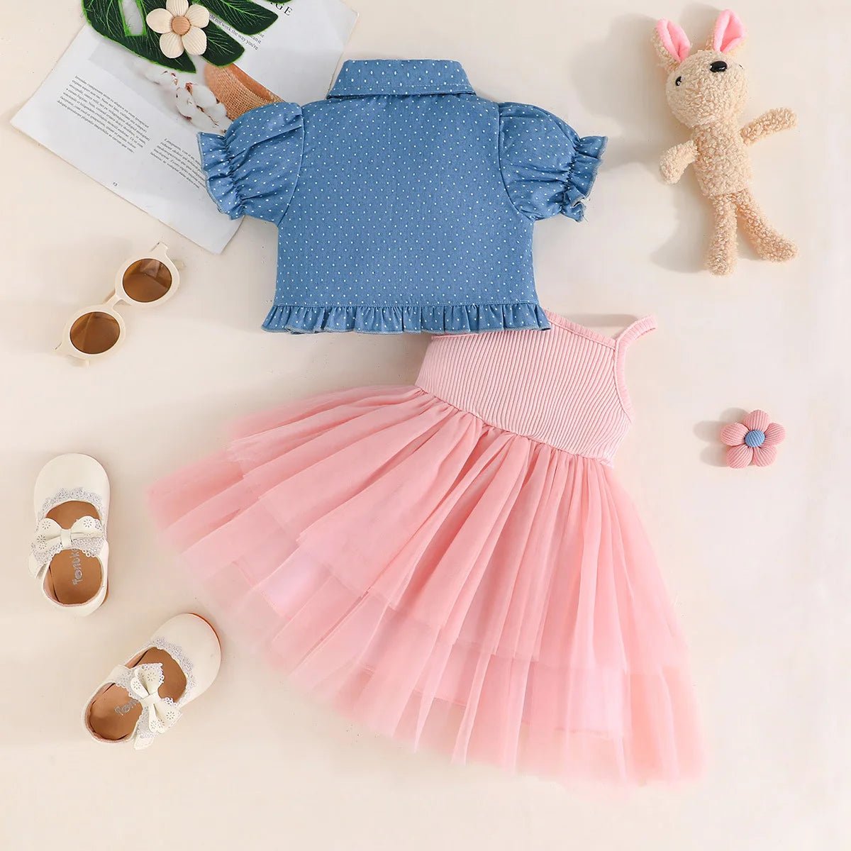 1-4Y Fashion Children Kids Girl 2Pcs Spring Outfit Butterfly Print Short Sleeve Tops+Suspender dress Set Outfit Kid Girl Clothes - Mom & Kids