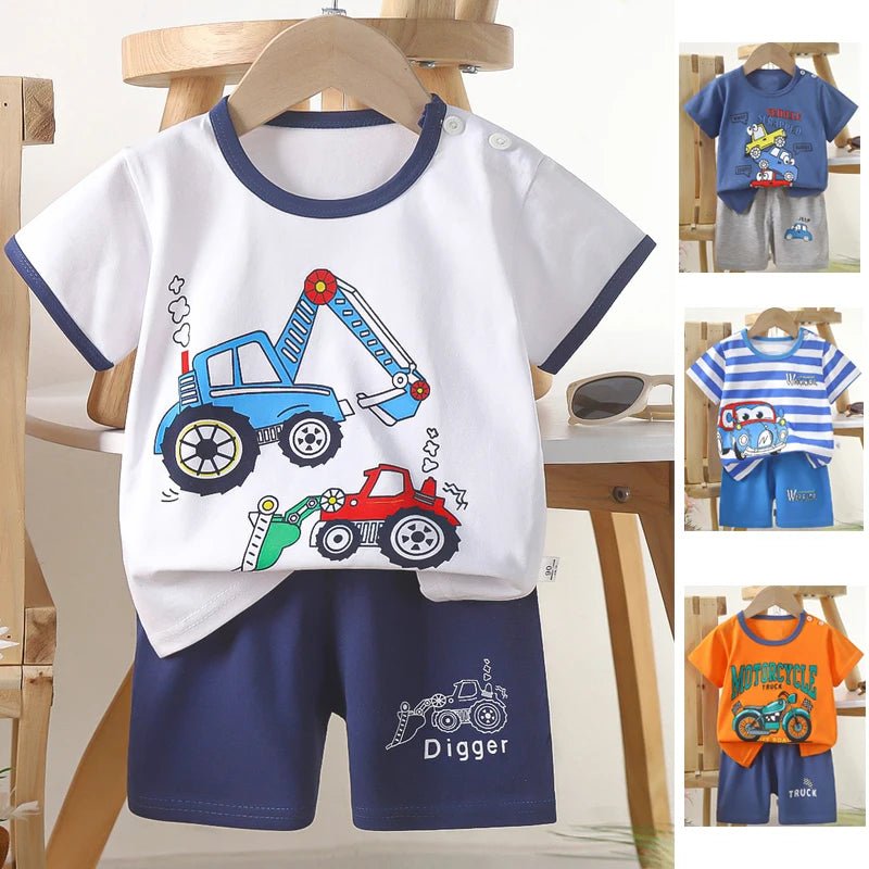 1 Sets Pure Cotton Kids Cartoon Clothing Summer Baby Fashion Short Sleeve Suits Boys Girls T-Shirts+Shorts Children Outfits - Mom & Kids