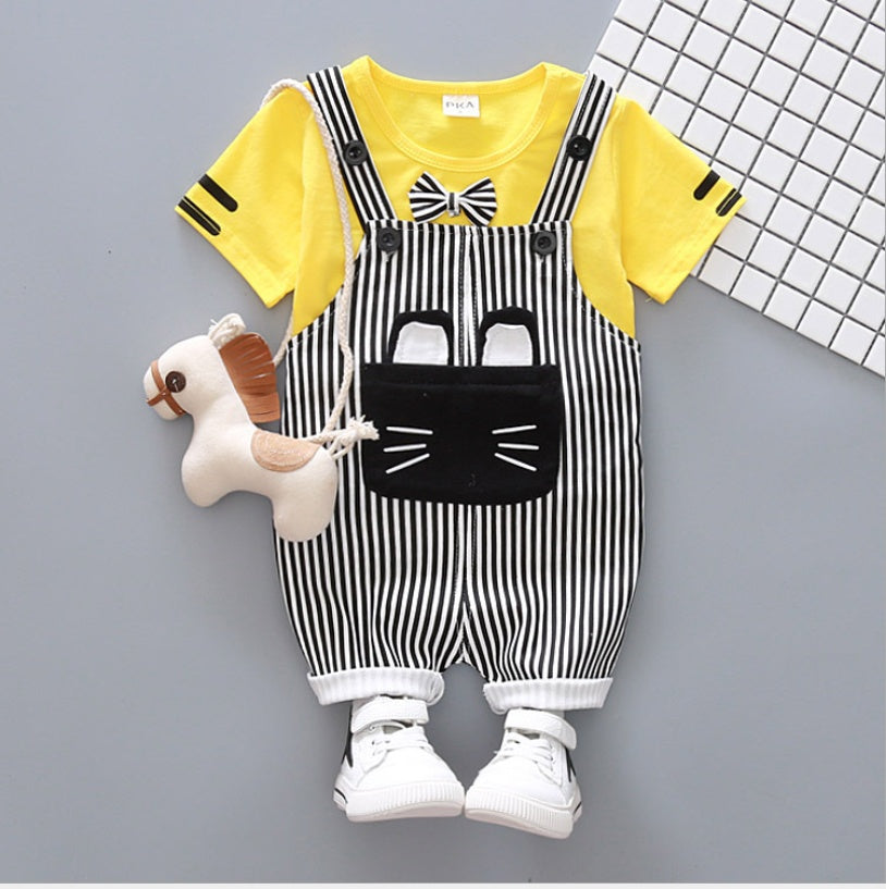 Factory direct handsome children's clothing Korean male baby cartoon strap two-piece suit cotton one generation