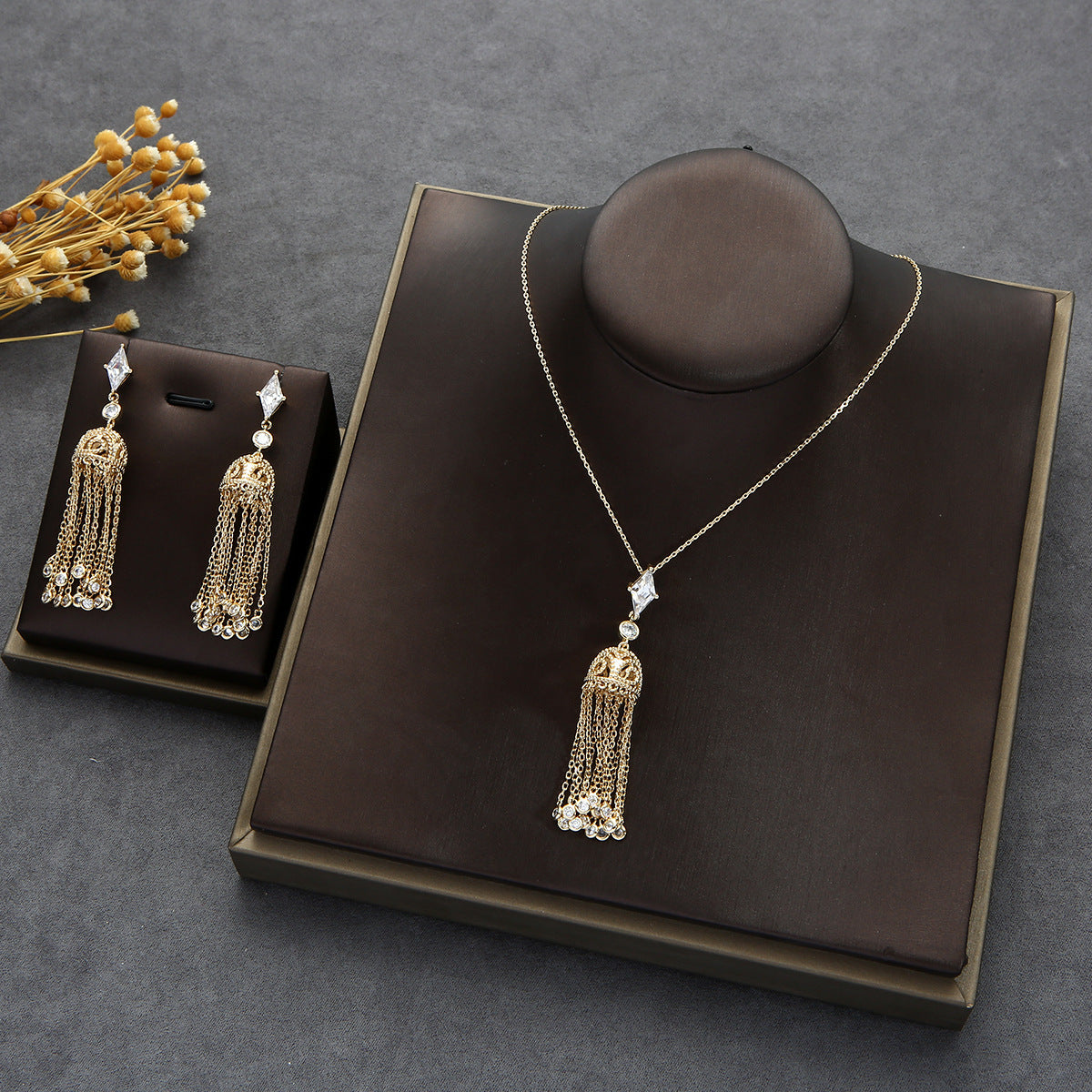 Hollow Earrings Geometric Diamond Necklace Set