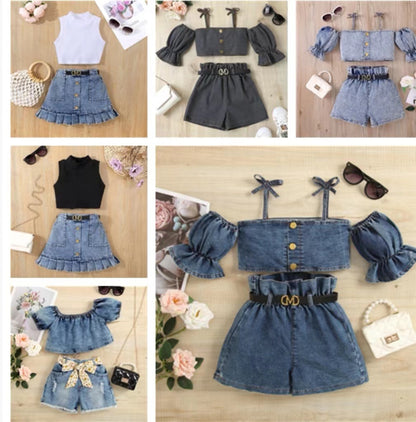 Girls' Suspender Constricted Lantern Sleeves Denim Open Top