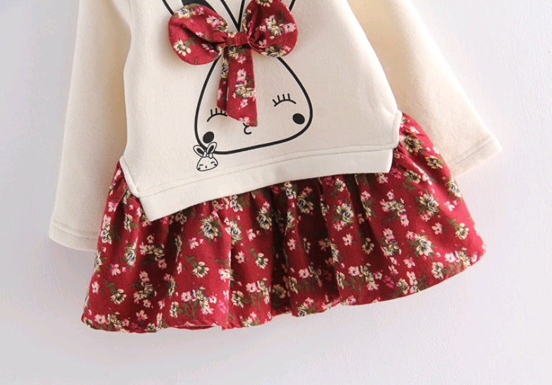 Autumn girls dress children's floral bow and velvet dress