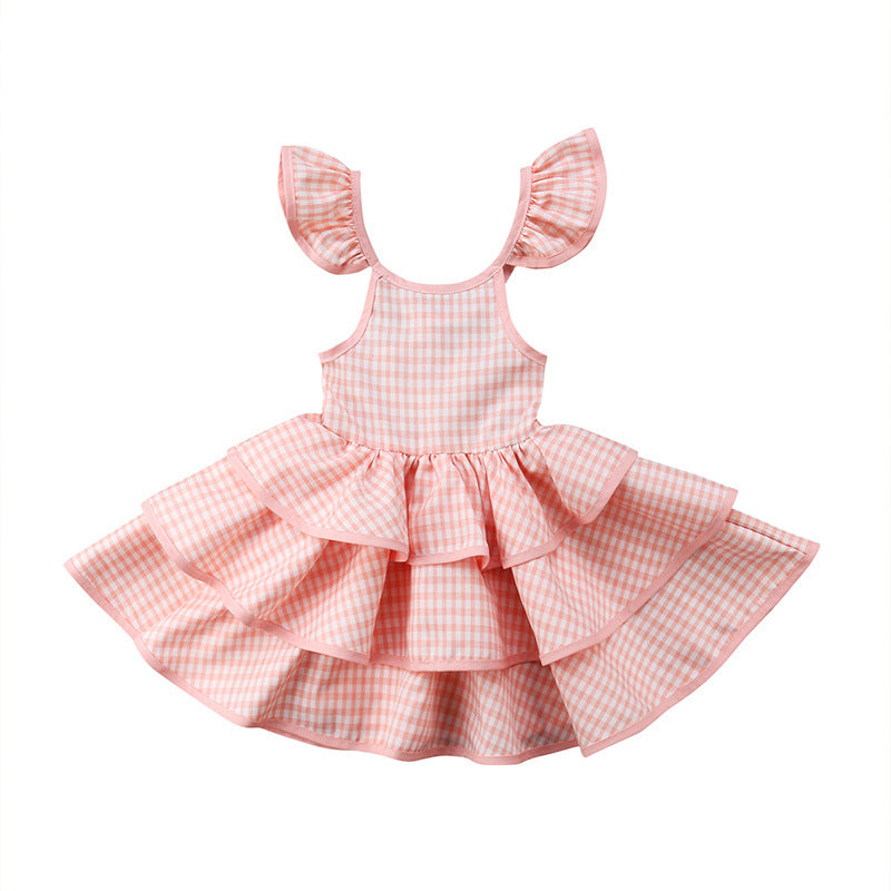 Plaid Backless Flying Sleeve Lace Up Dress Children's Sling Cake Dress
