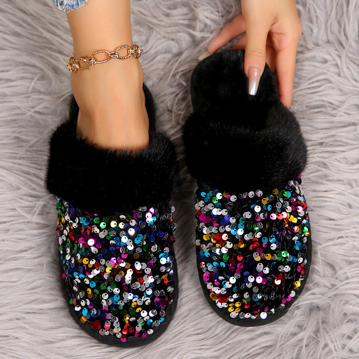 Sequin Flat Plush Slippers For Women