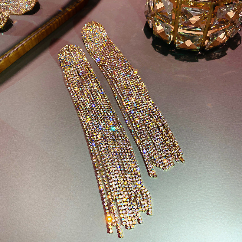 Exaggerated Personality Silver Full Diamond Super Long Tassel Ear Jewelry Women