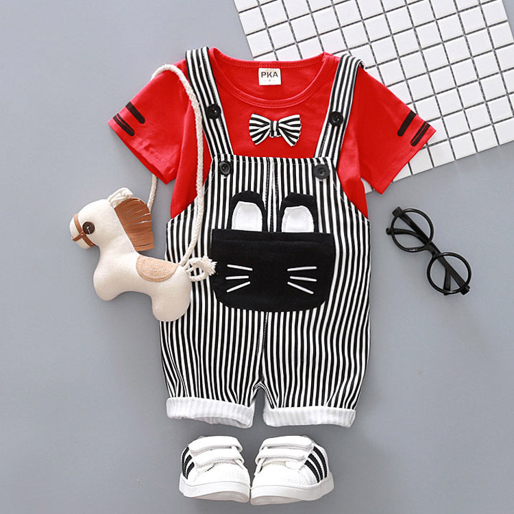 Factory direct handsome children's clothing Korean male baby cartoon strap two-piece suit cotton one generation