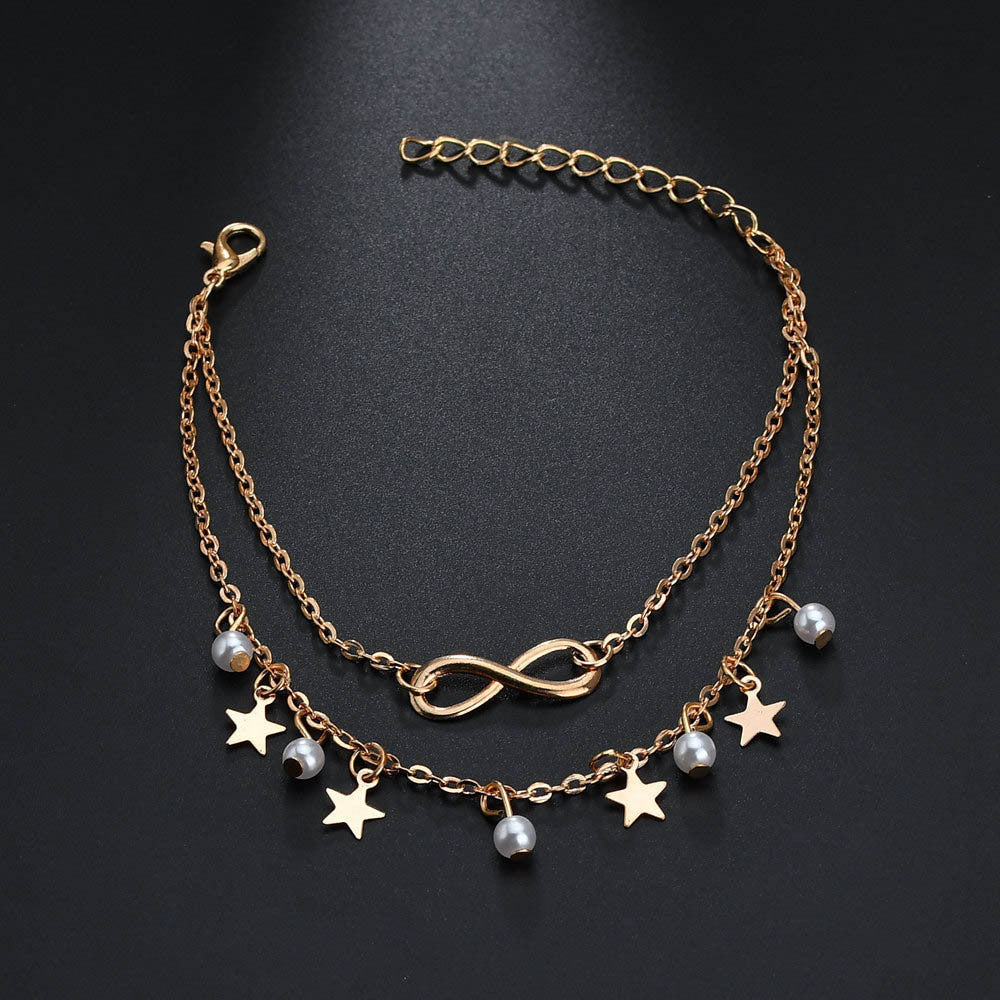 Five-pointed star pearl 8 word anklet