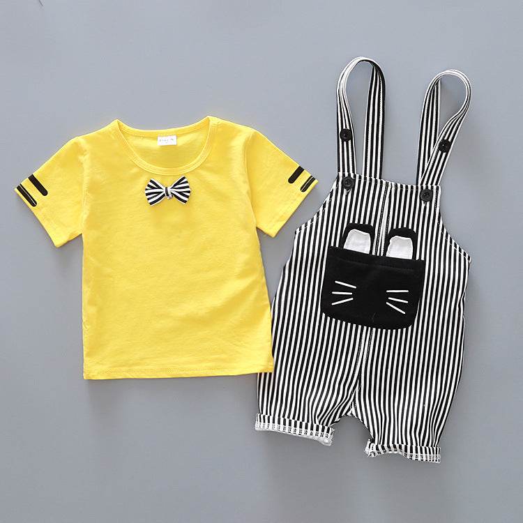 Factory direct handsome children's clothing Korean male baby cartoon strap two-piece suit cotton one generation