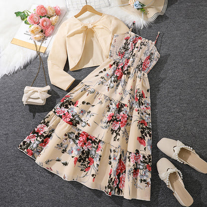 Girls' Floral Strap Dress Long-sleeved Jacket