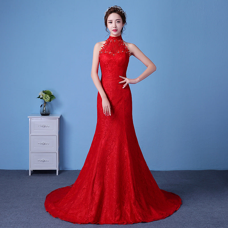 Big Red Wedding Dress Bride Large Size Waist Fishtail Wedding Dress Fishtail Tail Korean Hanging Neck